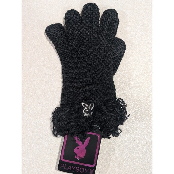 PLAYBOY Sweaters - 2006 PLAYBOY Logo Black Crochet Women's Gloves Size Med. Stretch Wool Blend New